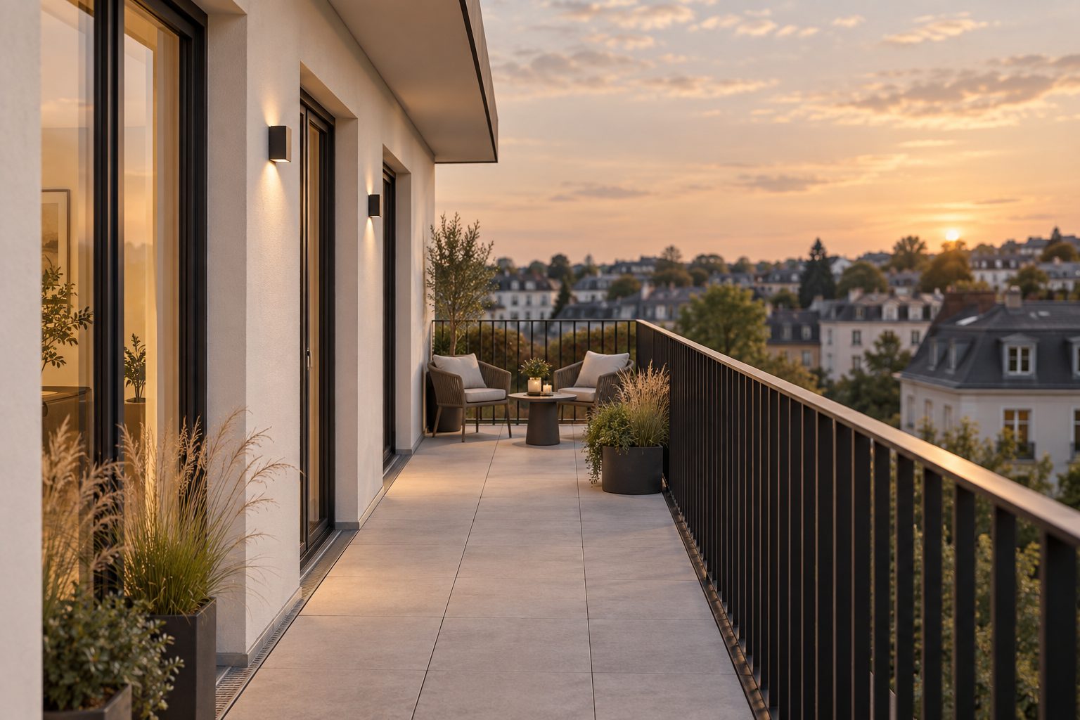 KI-Gestaltungsidee einer begrünten Dachterrasse im Abendlicht